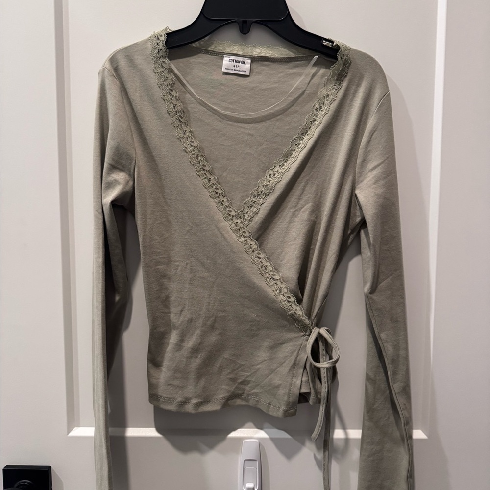 Wrap-Style Lace Trim Top in Olive Green